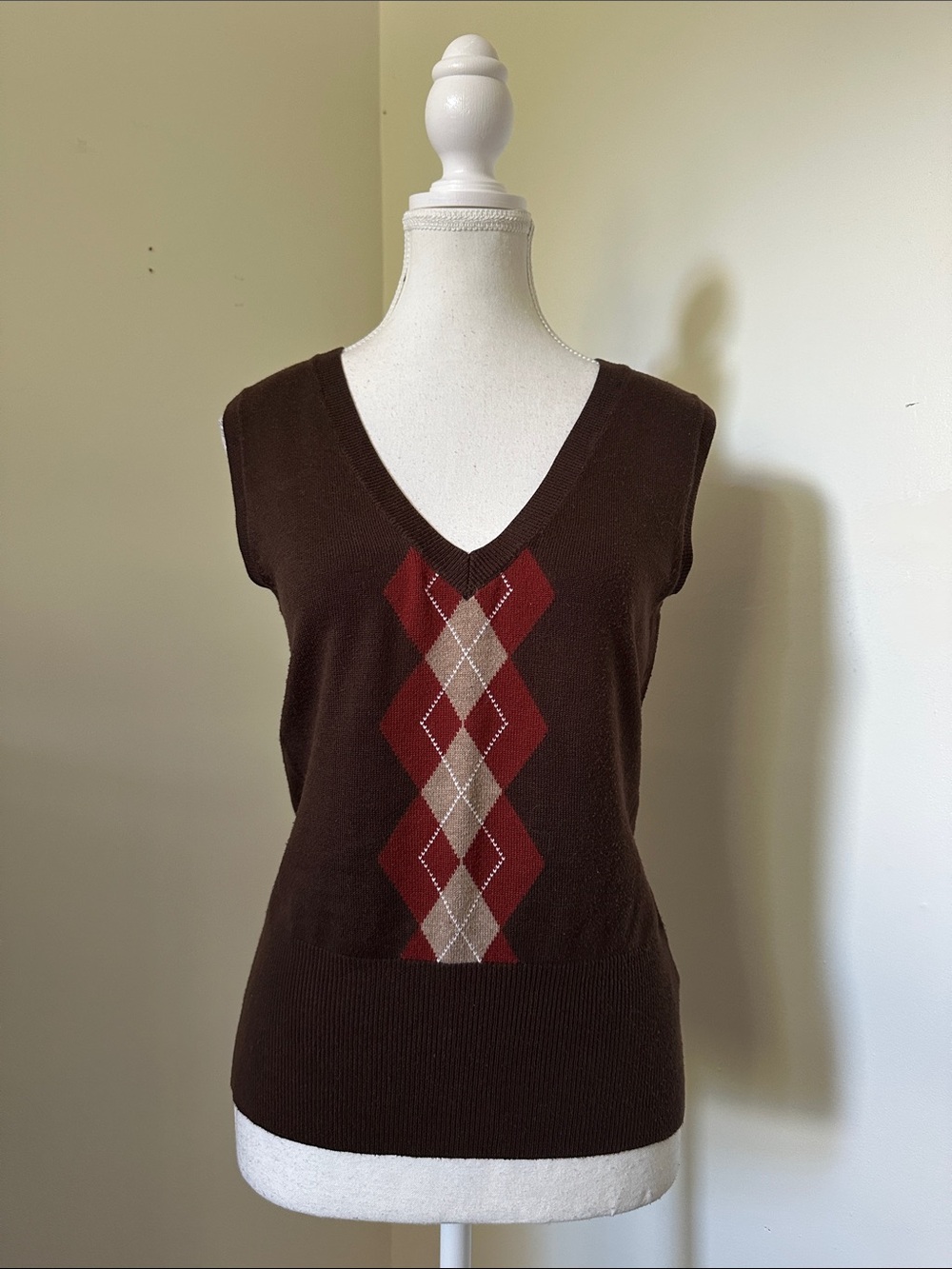 REITMANS Brown Argyle Cotton Blend Preppy Academia Y2K Vneck Sweater Vest Medium
